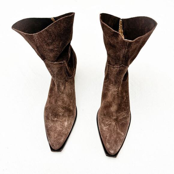 SCHUTZ Tessie Mid Heel Calf Suede Brown Cowboy Pointy Boots Shoes US9 NWT - Picture 1 of 8